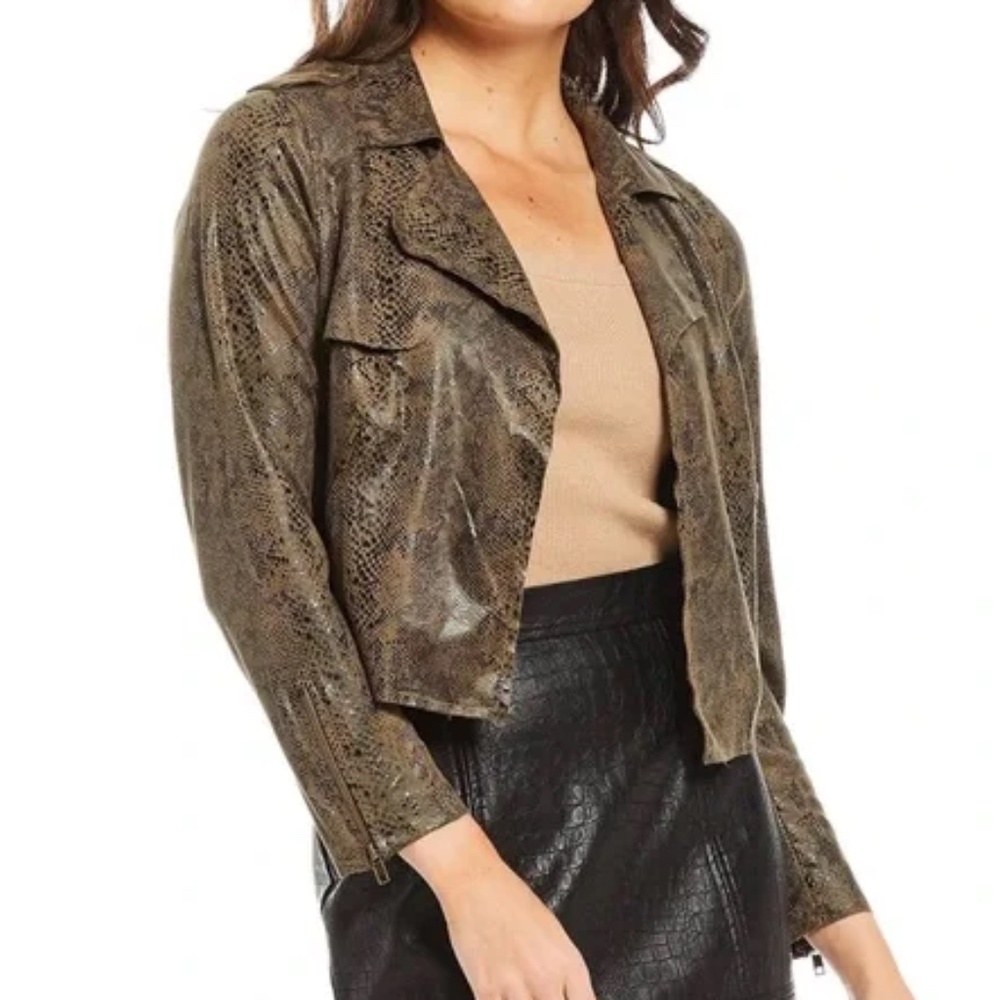 Skies Are Blue Suede Snake Print Moto Jacket